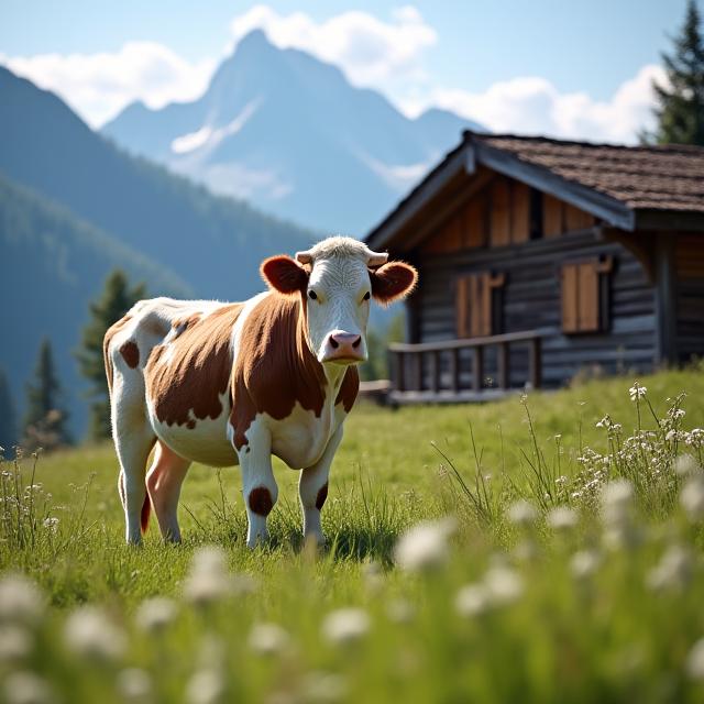 Eine Kuh grast friedlich vor einer traditionellen Almhütte in den Alpen.