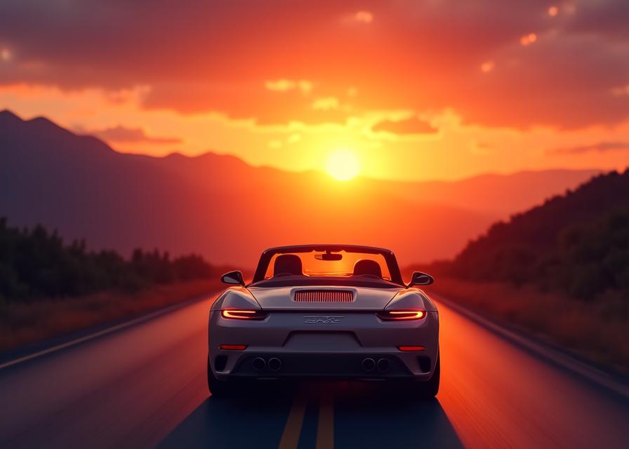 Ein offenes Cabrio fährt einer dramatischen Sonnenuntergangskulisse in den Bergen entgegen.