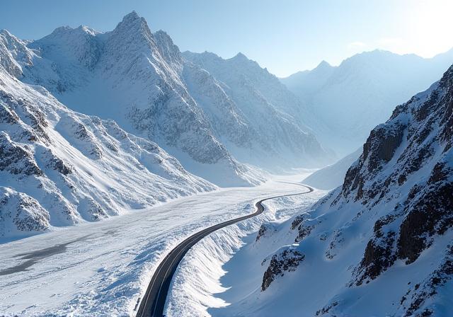 Die Großglockner Hochalpenstraße windet sich durch eine schneebedeckte Berglandschaft.