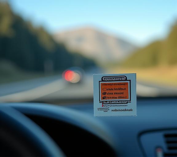 Nahaufnahme einer österreichischen Autobahnvignette auf einer Windschutzscheibe.